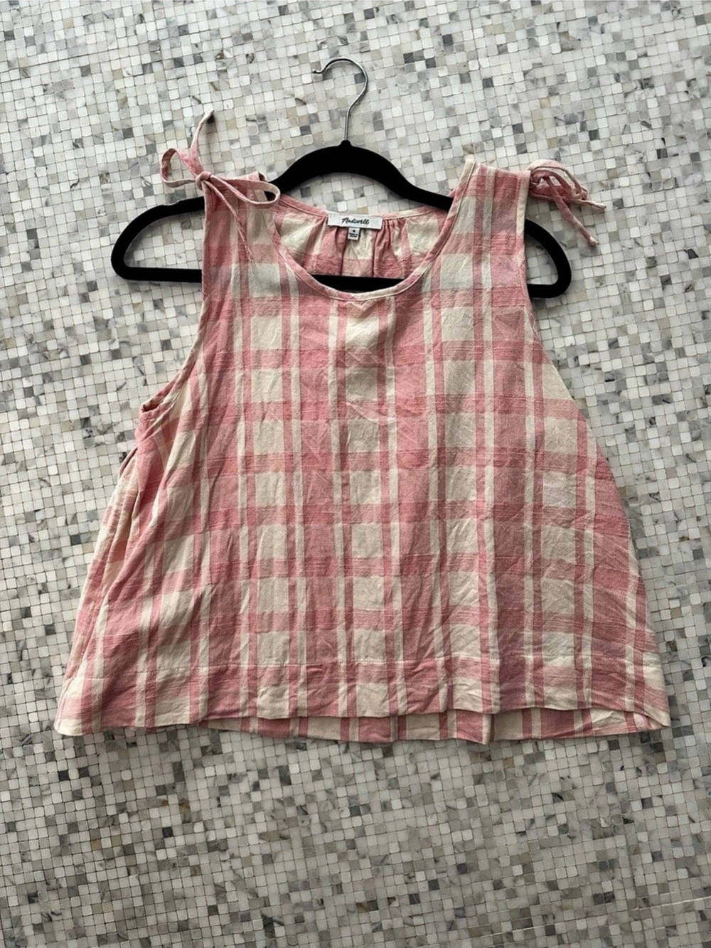 Madewell Plaid Tie-Back Tank in 100% Linen Pink & White